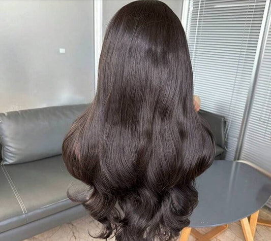 Natural Black Curtain Bangs Human blend Lace Front Wig