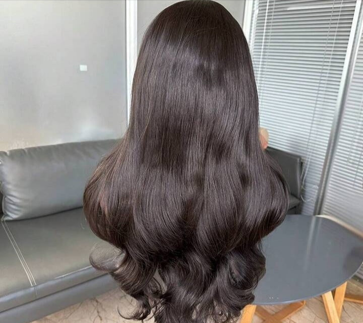 Natural Black Curtain Bangs Human blend Lace Front Wig